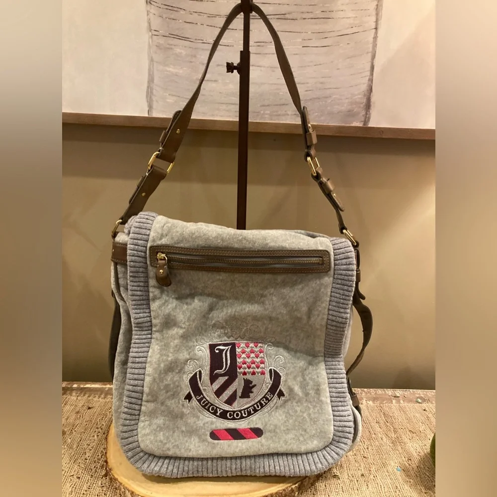 Y2K Vintage‎ 2010 Juicy Couture Gray Velour Leather Messenger Bag Scottie Dogs